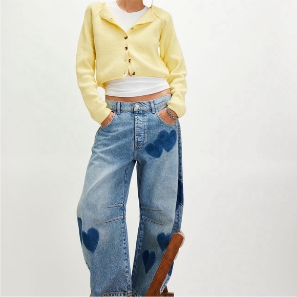 Free People Good Luck Barrel Jeans Heart Print NWOT Viral Wide Leg Denim - Picture 5 of 7